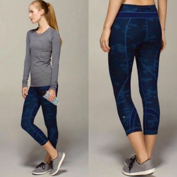 LULULEMON RUN INSPIRE CROP II Luxtreme BLUE CAMOUFLAGE SIZE 4 - Picture 3 of 12